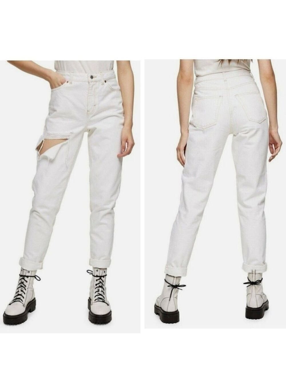 NWT TopShop White Distressed Ripped Thigh Mom Jeans size 10 32W NEW